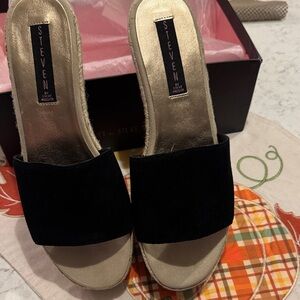 Steven by Steve Madden Black and Gold Espadrille Slides